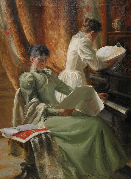 Interior med musicerande kvinnor vid pianot